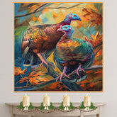 Colorful Wild Turkey Pair Perched on Branch Among Autumn Leaves with Vivid Feathers and Blue Faces in a Stunning Wildlife Nature Art Scene on Ready to Hang 1.5" Thick Canvas Wrap, Floating Framed Canvas, Flat Rolled Canvas